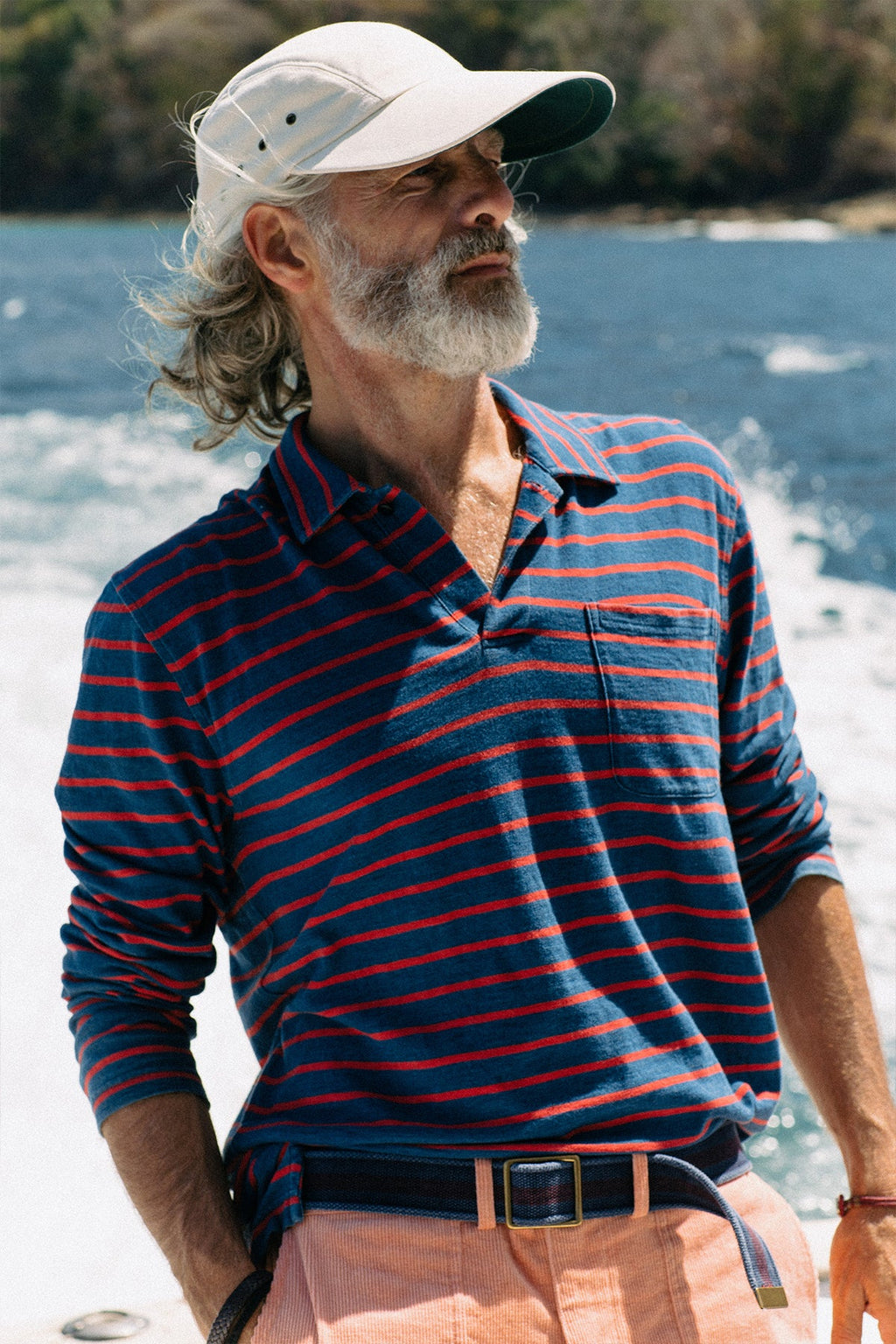 Long Sleeve Indigo Polo in Red/Navy Stripe
