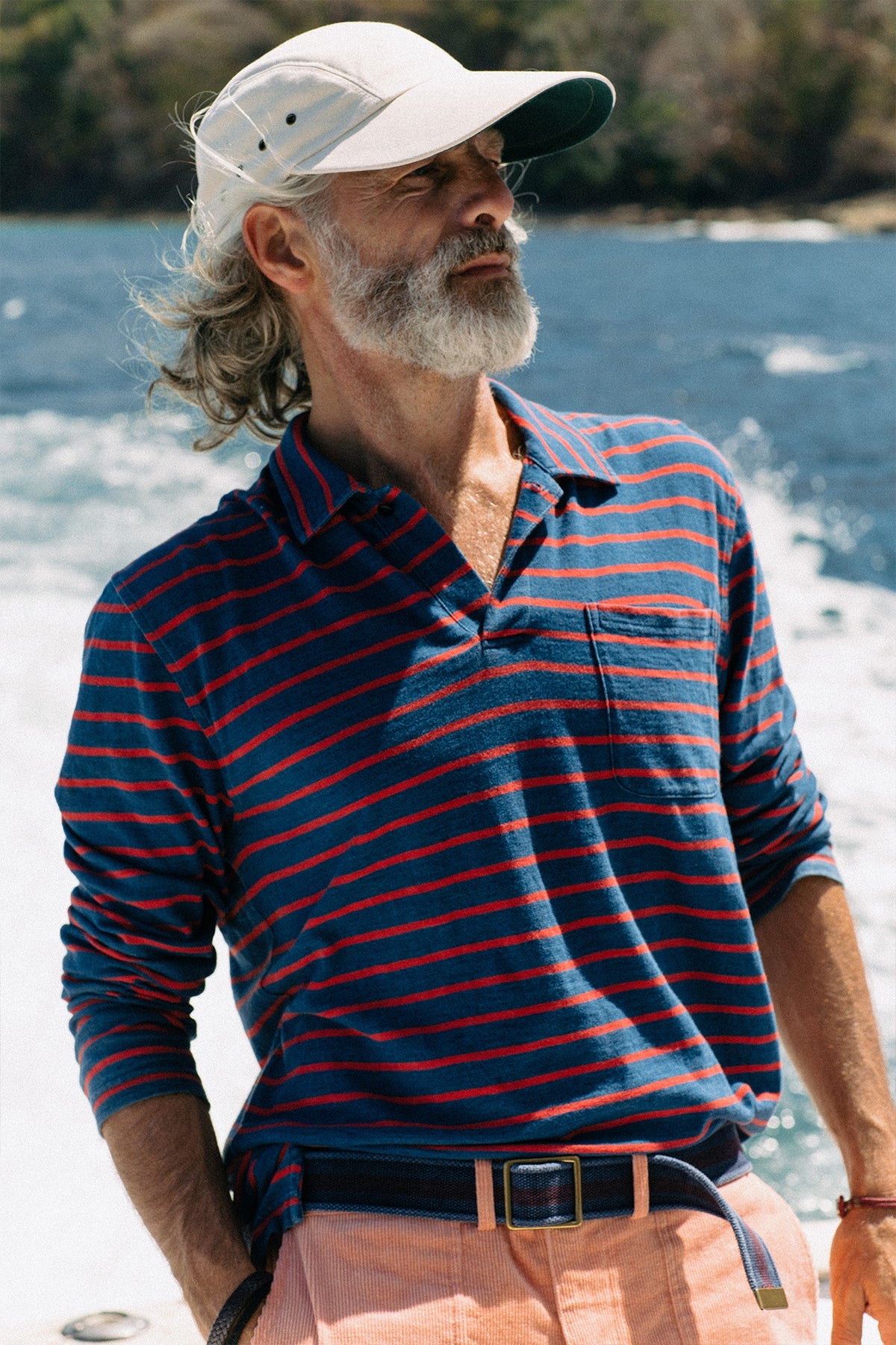 Long Sleeve Indigo Polo in Red/Navy Stripe