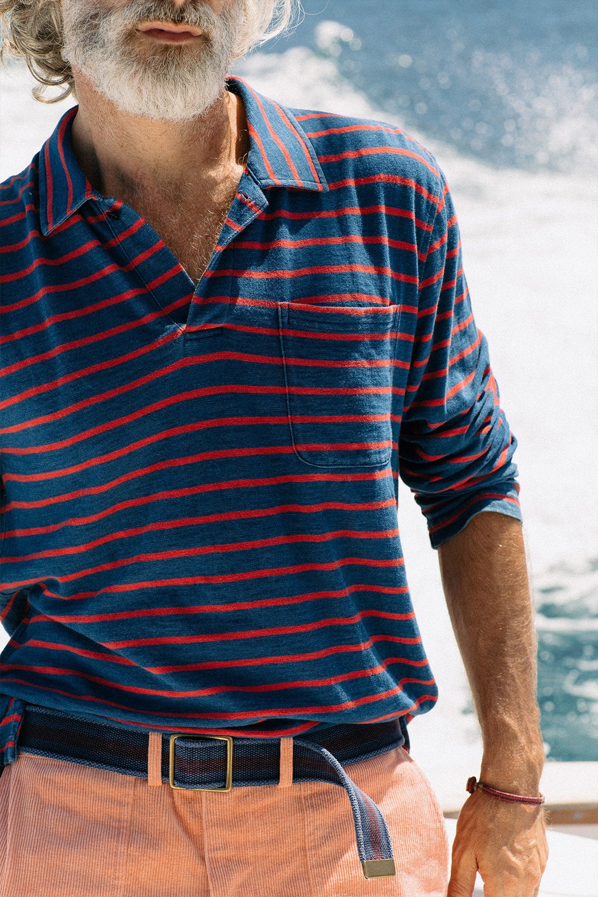 Long Sleeve Indigo Polo in Red/Navy Stripe