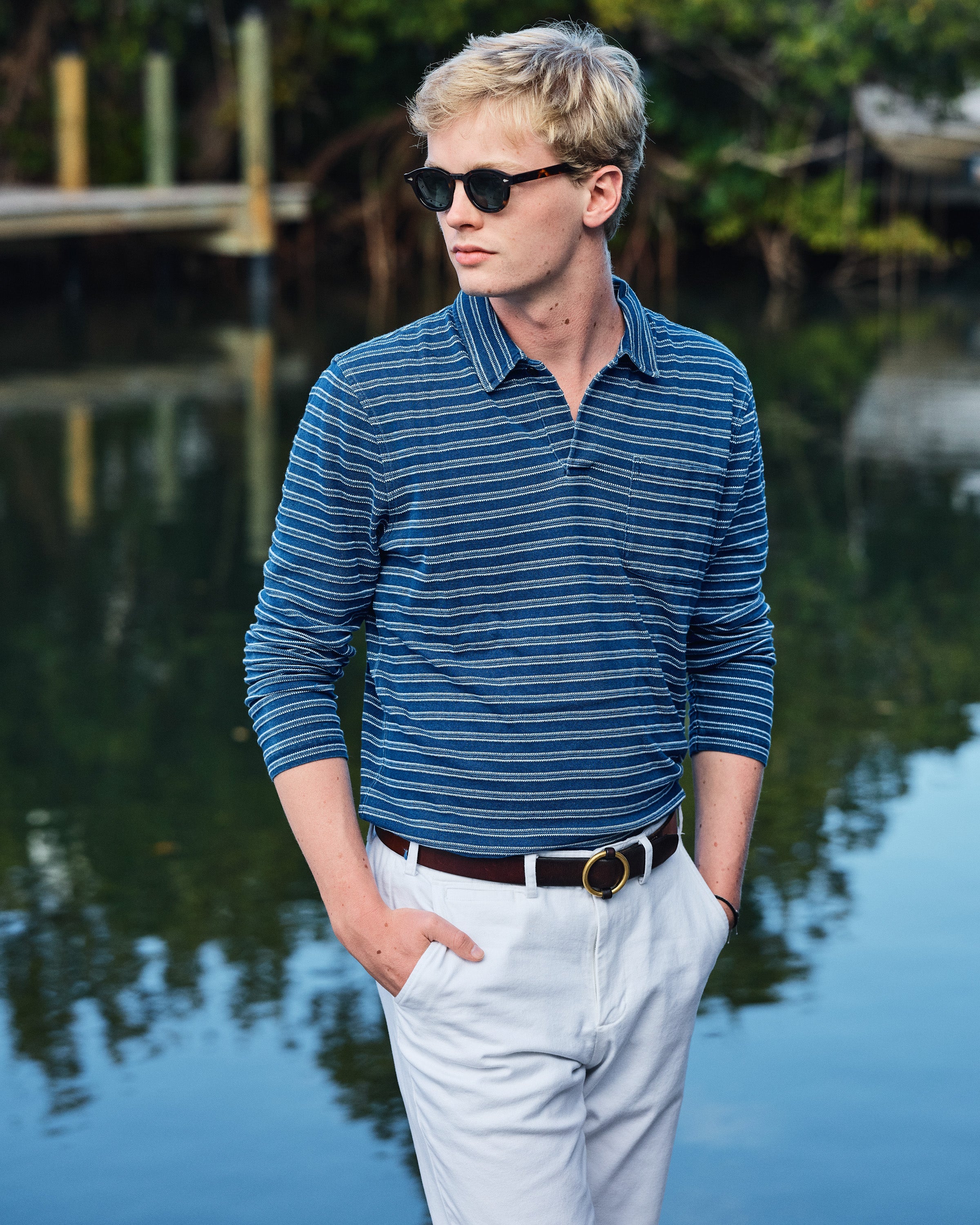 Long Sleeve Indigo Polo in Mid Wash Jacquard Stripe