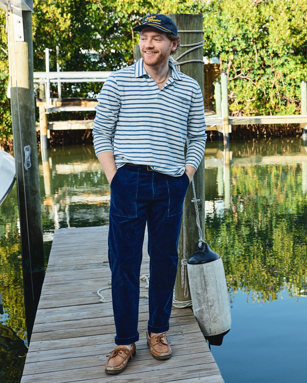 Long Sleeve Indigo Polo in Classic White