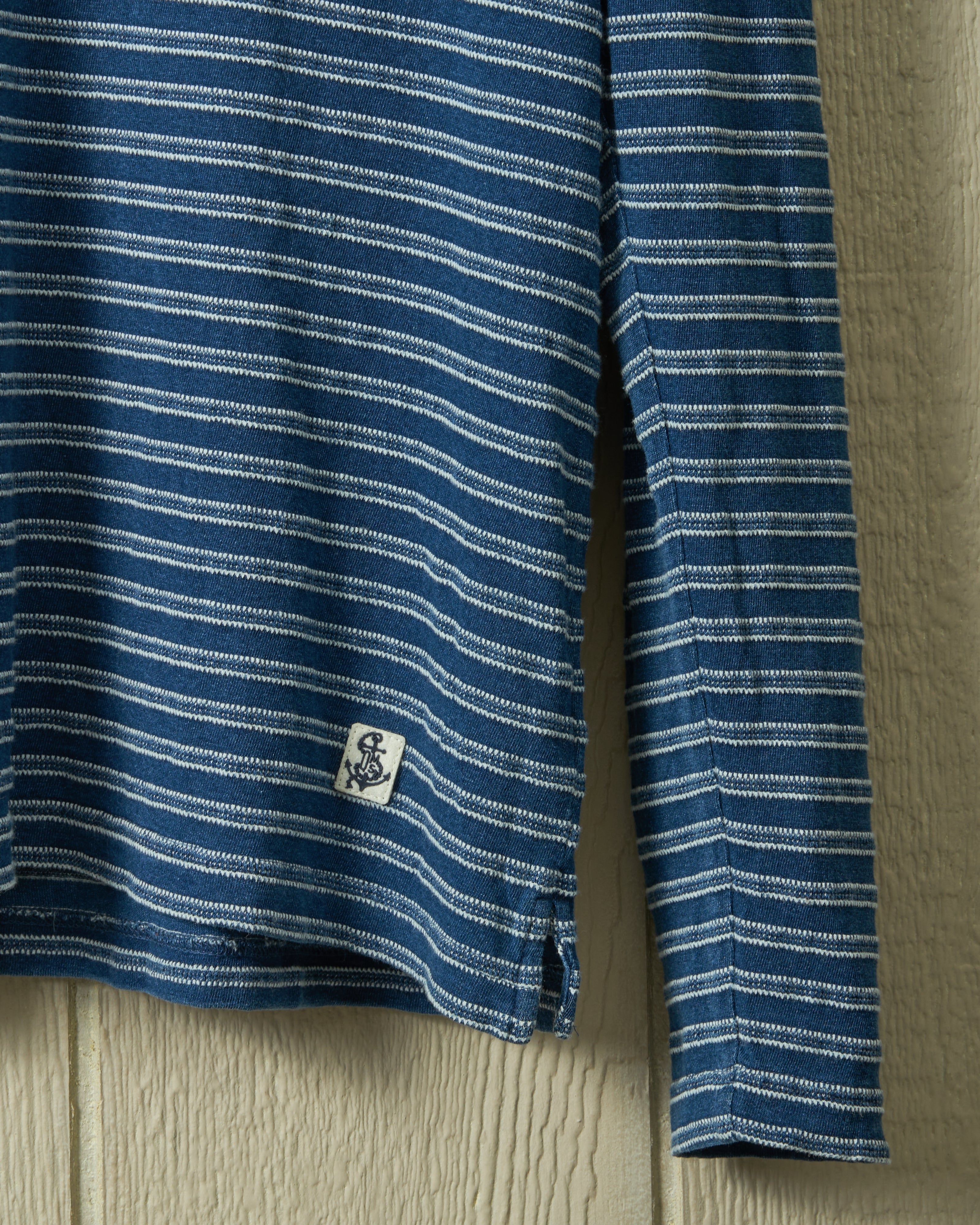 Long Sleeve Indigo Polo in Mid Wash Jacquard Stripe