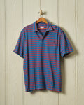 Indigoblauw poloshirt in rood-marineblauwe 3/4-streep