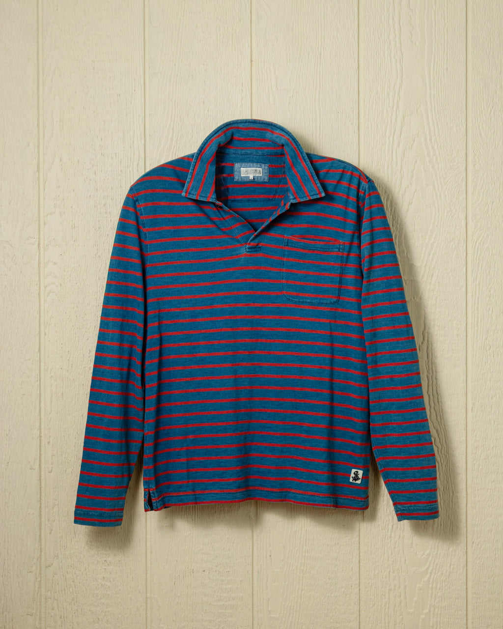 Long Sleeve Indigo Polo in Red/Navy Stripe