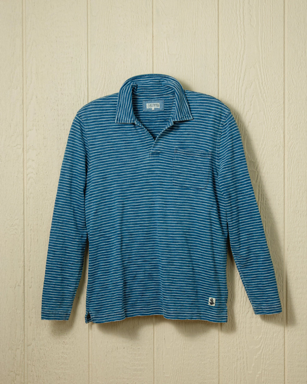 Long Sleeve Indigo Polo in Blue/White Slub Stripe