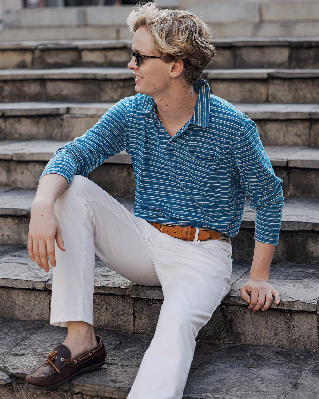 Long Sleeve Indigo Polo in Mid Wash Jacquard Stripe
