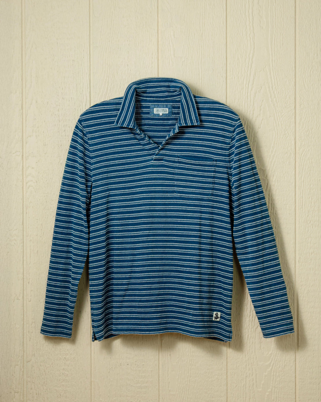 Long Sleeve Indigo Polo in Mid Wash Jacquard Stripe