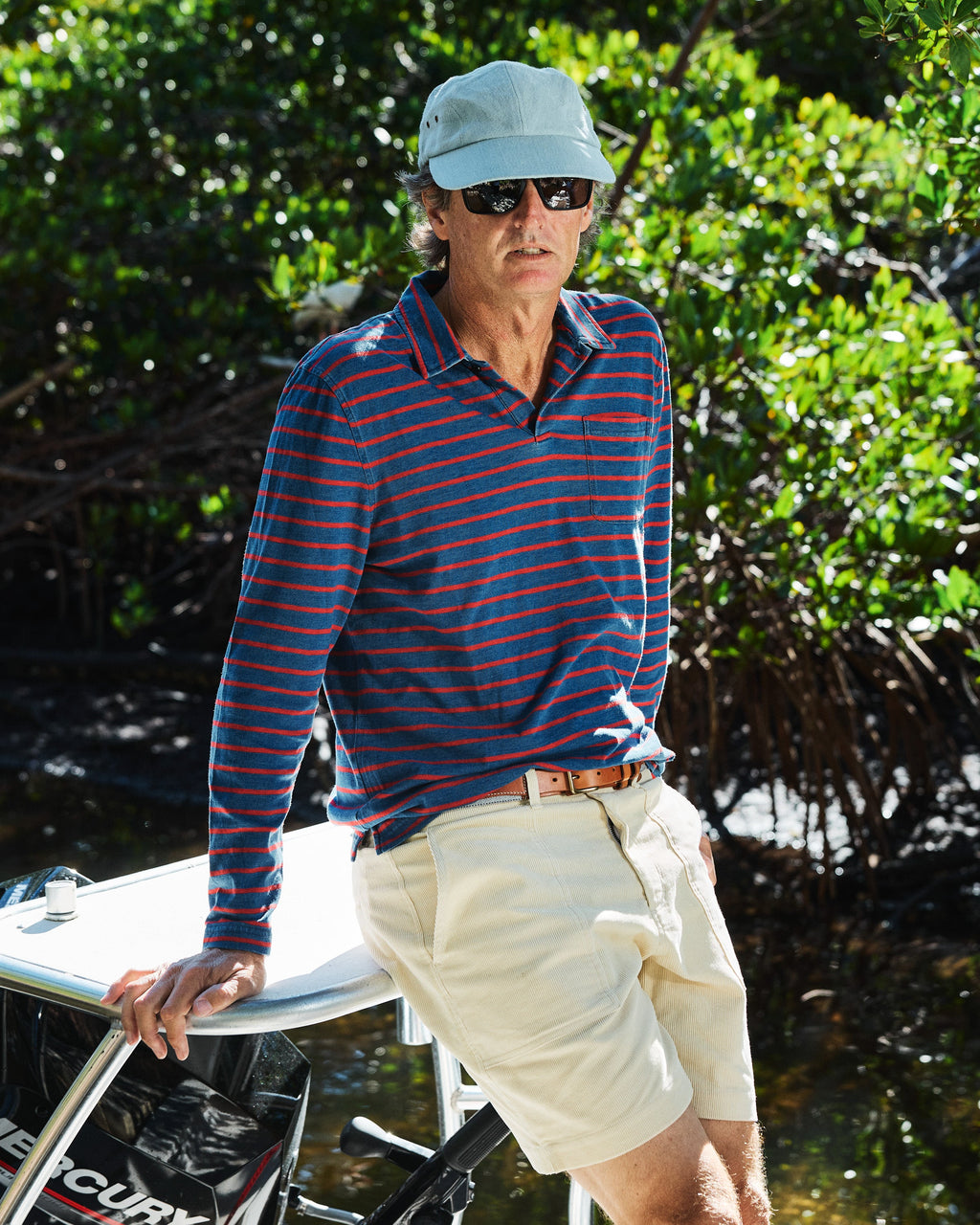 Long Sleeve Indigo Polo in Red/Navy Stripe