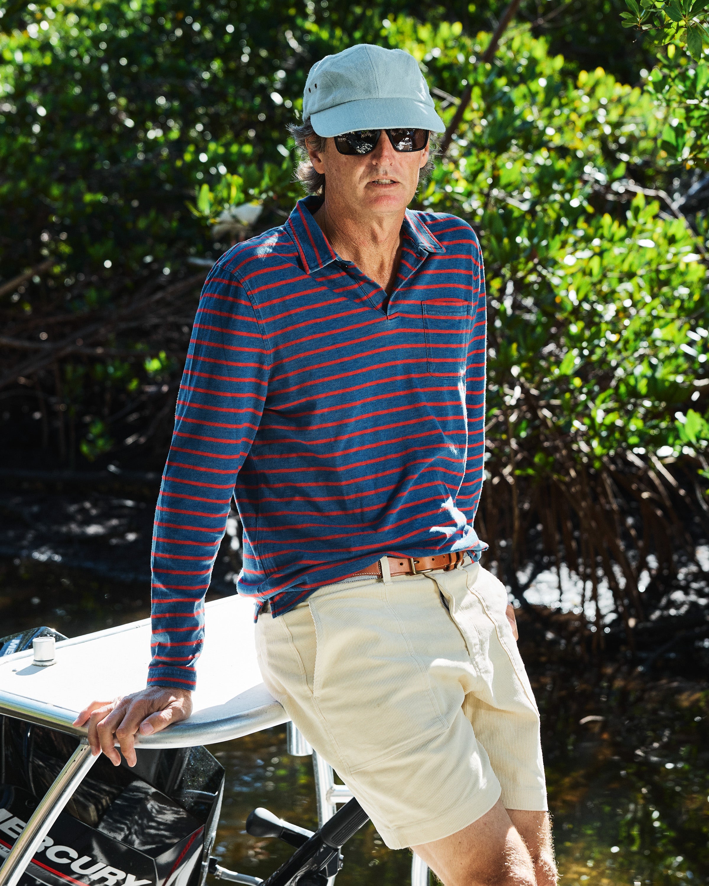 Long Sleeve Indigo Polo in Red/Navy Stripe