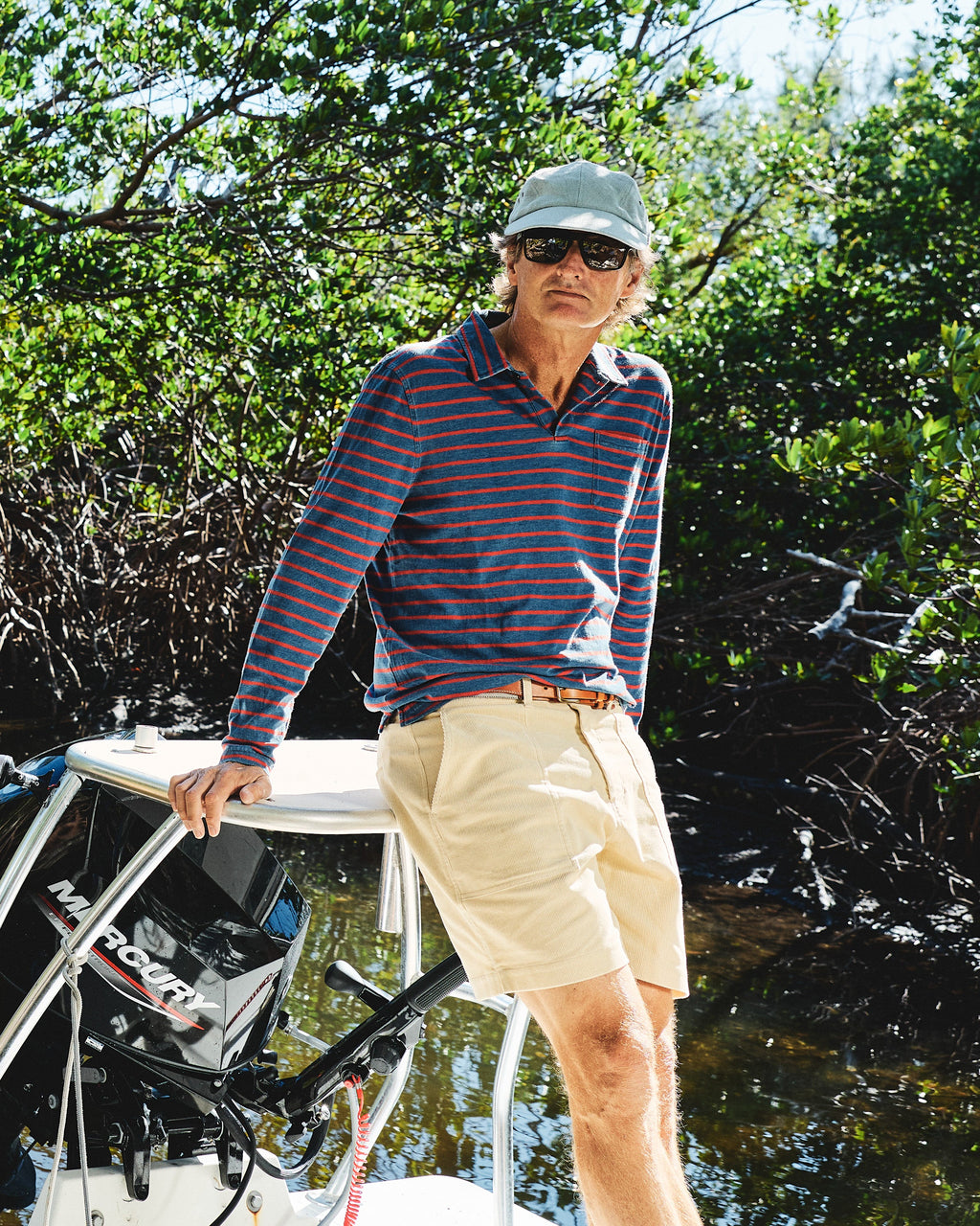 Long Sleeve Indigo Polo in Red/Navy Stripe