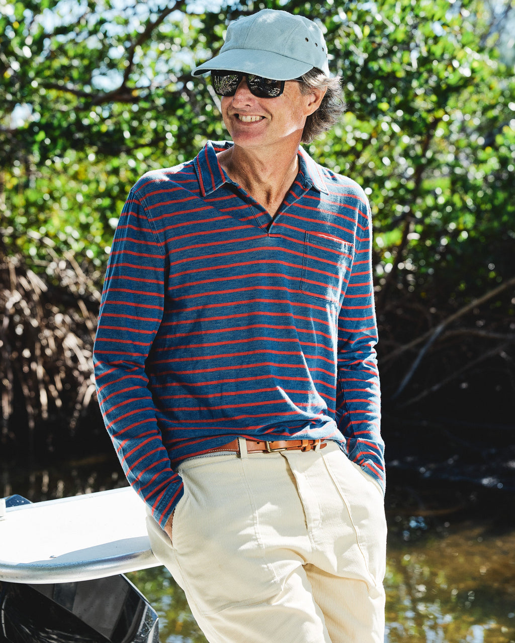 Long Sleeve Indigo Polo in Red/Navy Stripe