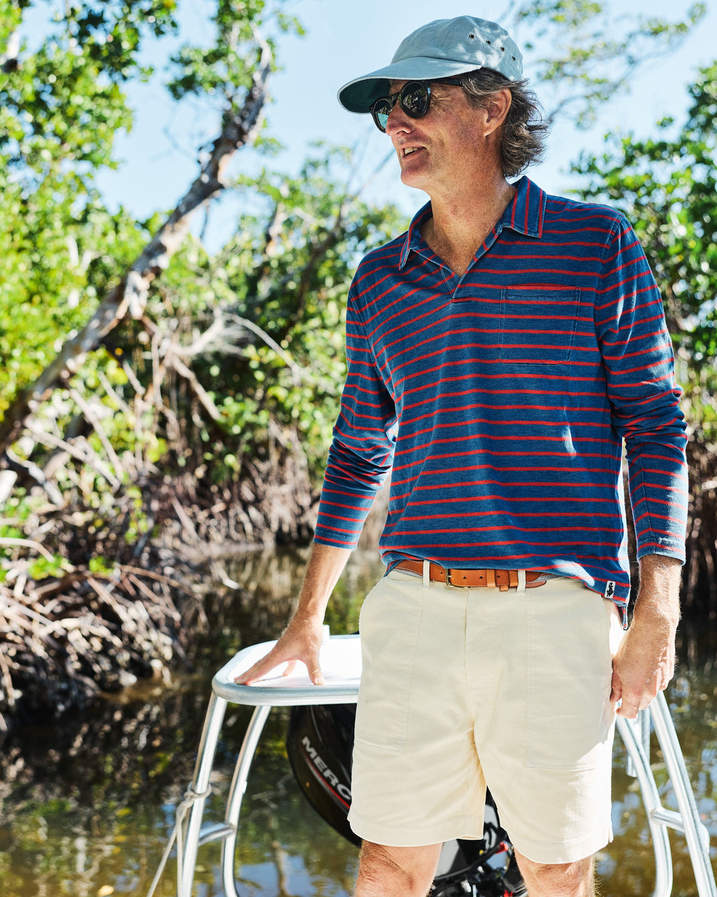 Long Sleeve Indigo Polo in Red/Navy Stripe