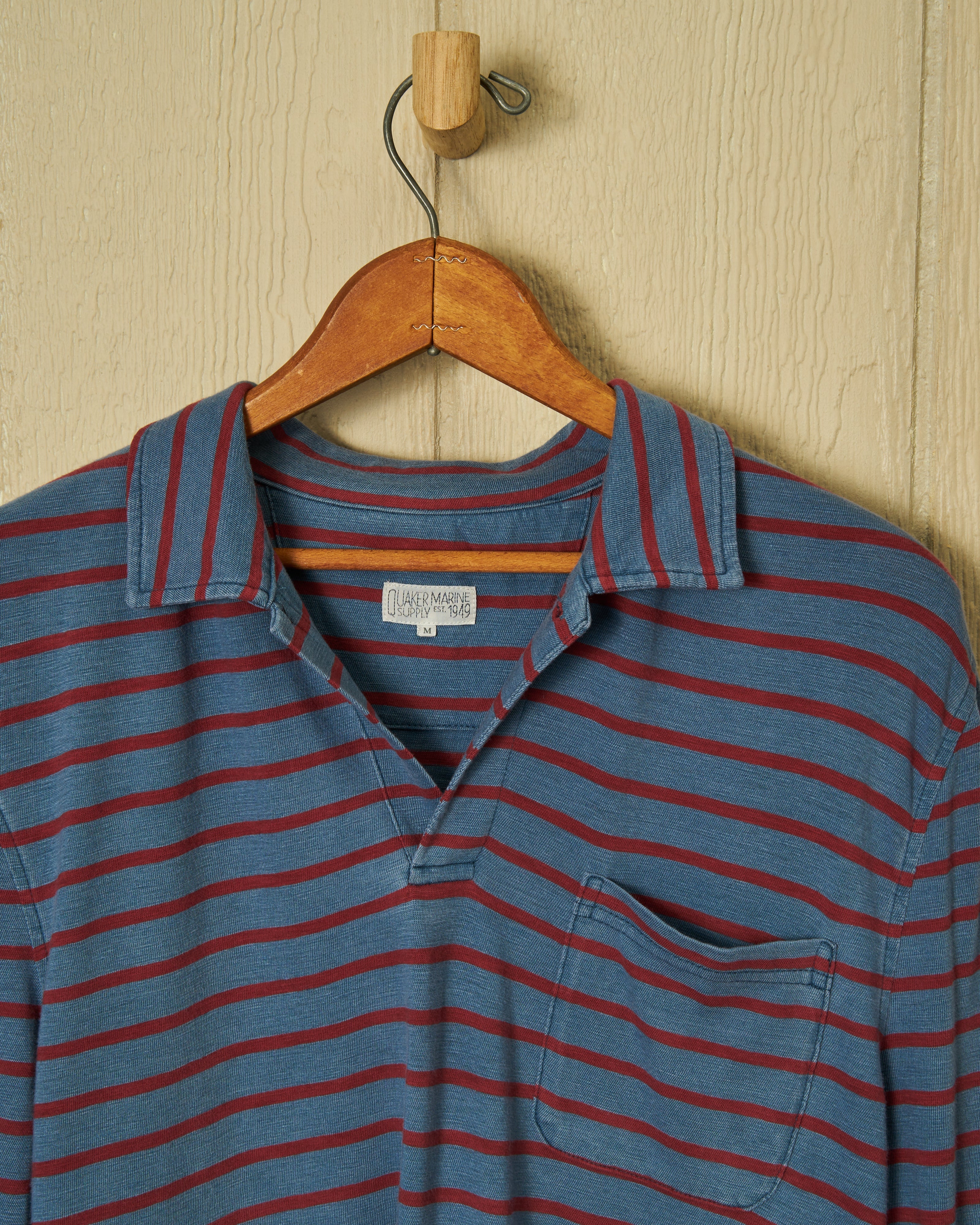 Long Sleeve Indigo Polo in Red/Navy Stripe