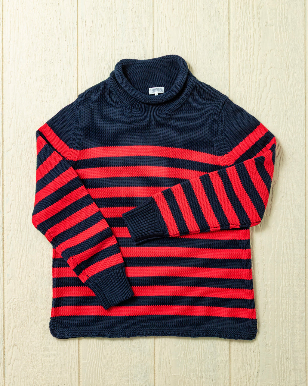Vissers trui met Bretonse streep in marineblauw/rood