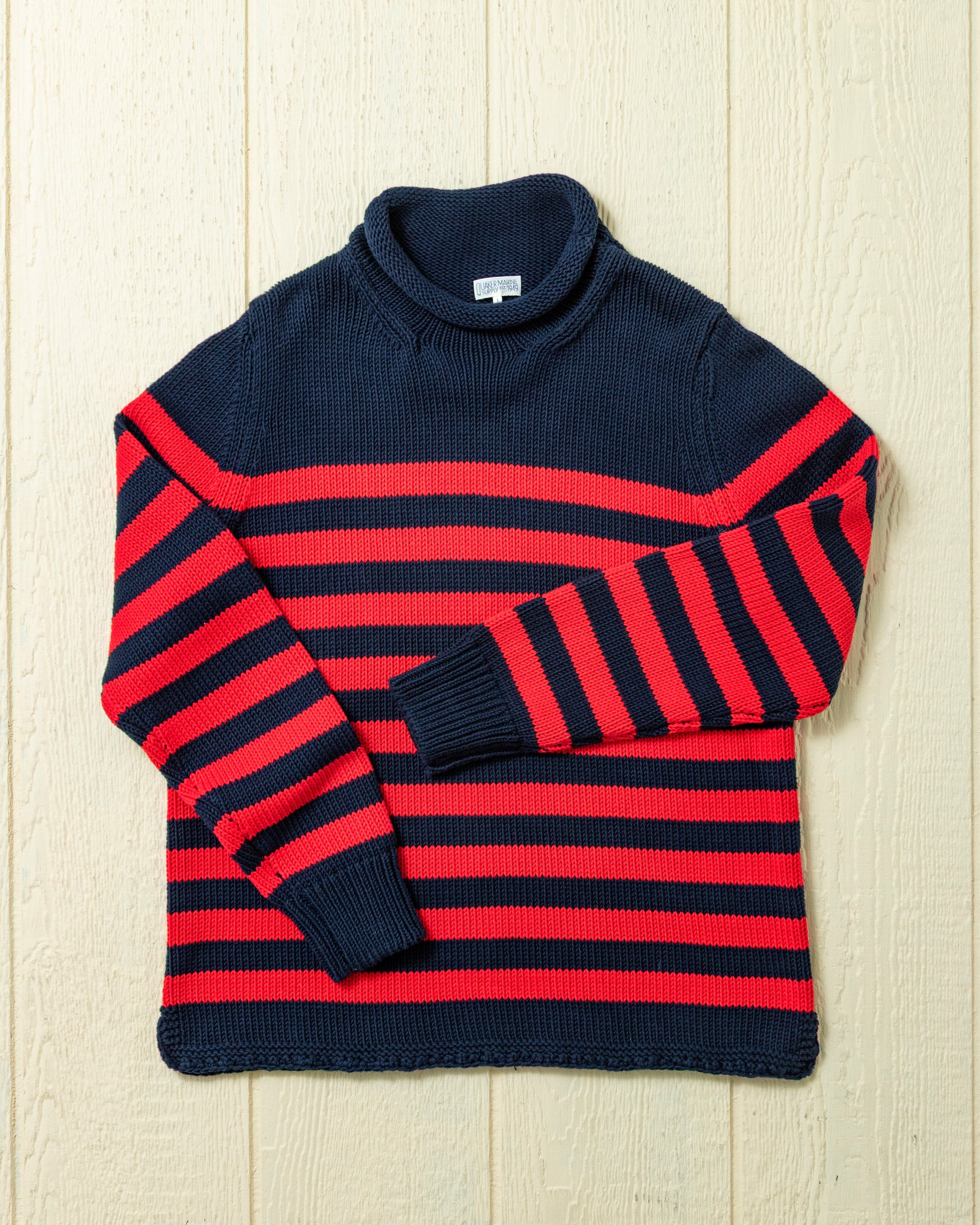 Vissers trui met Bretonse streep in marineblauw/rood