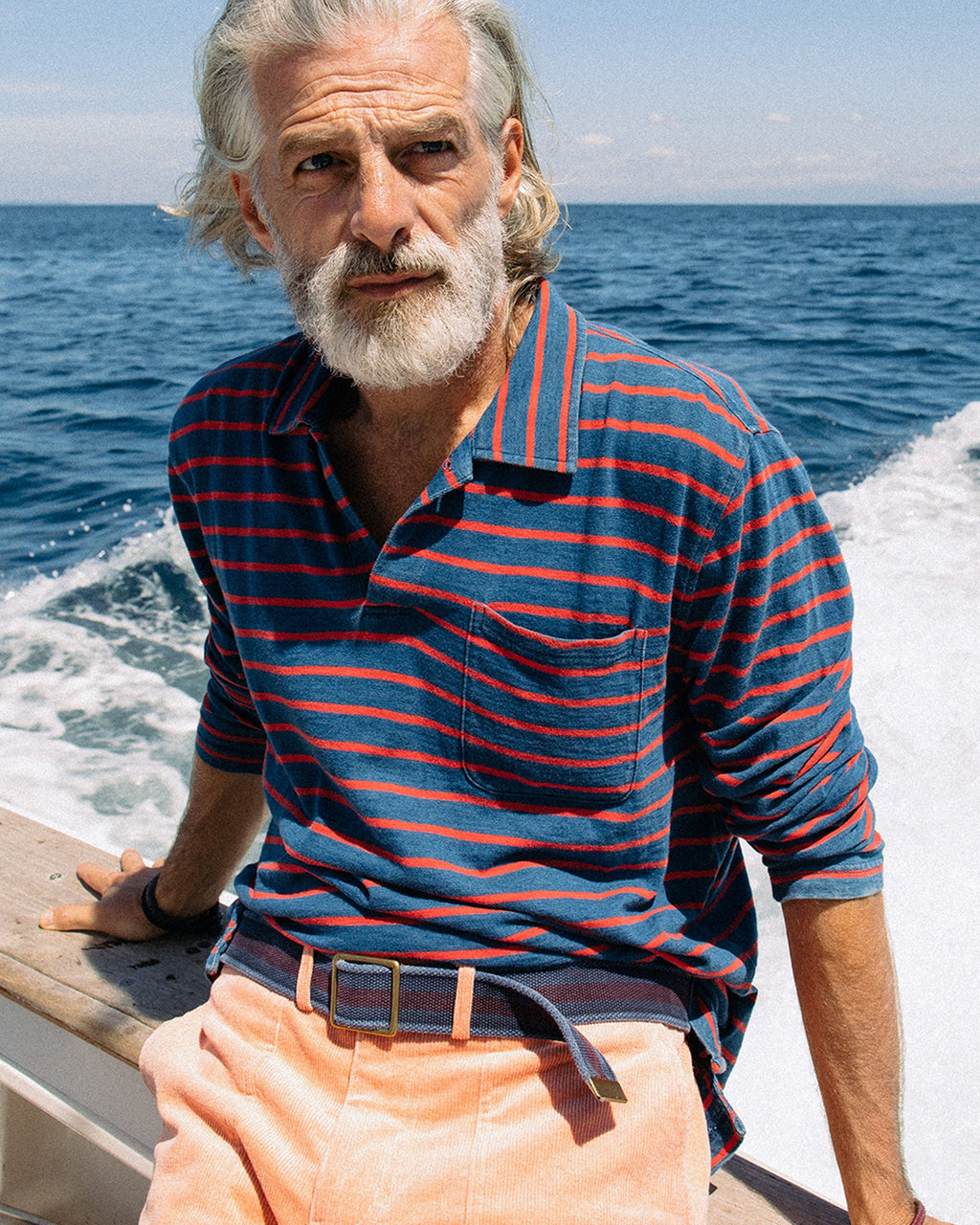 Long Sleeve Indigo Polo in Red/Navy Stripe