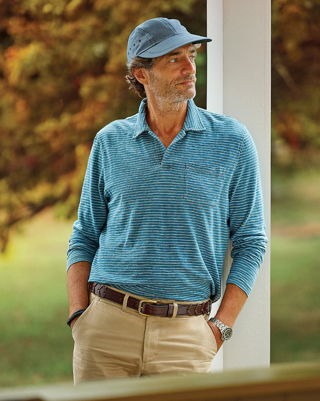 Long Sleeve Indigo Polo in Blue/White Slub Stripe